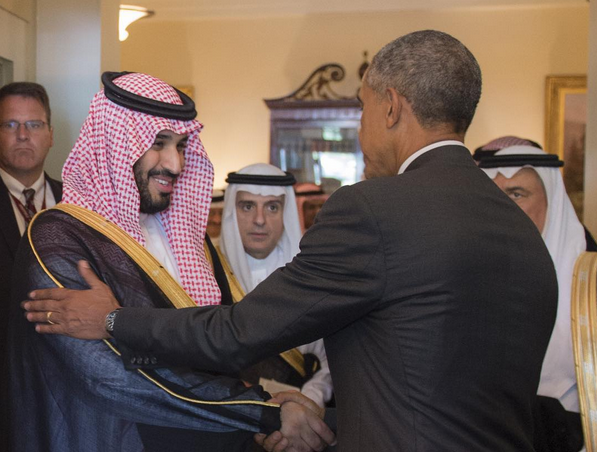 President Barack Obama greets Deputy Crown Prince Mohammed bin Salman at the White House.