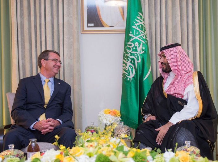 U.S. Secretary of Defense Ash Carter visits with Deputy Crown Prince Mohammed bin Salman.