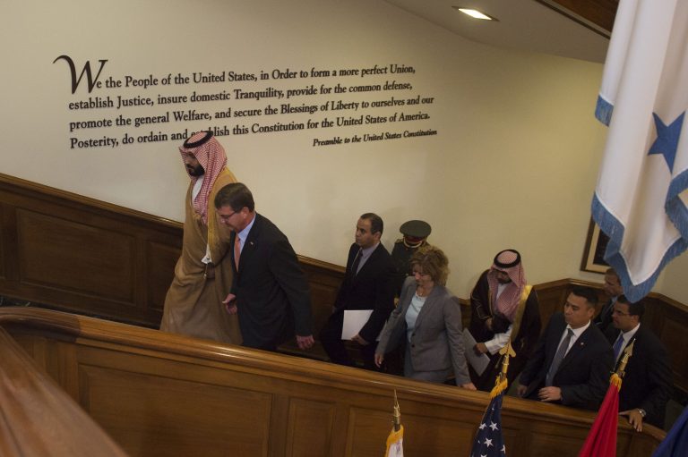 Secretary of Defense Ash Carter walks with Saudi Arabia's Deputy Crown Prince and Minister of Defense Mohammed bin Salman as he arrives at the Pentagon June 16, 2016. The two leaders met to discuss matters of mutual importance. (DoD photo by Senior Master Sgt. Adrian Cadiz)(Released)