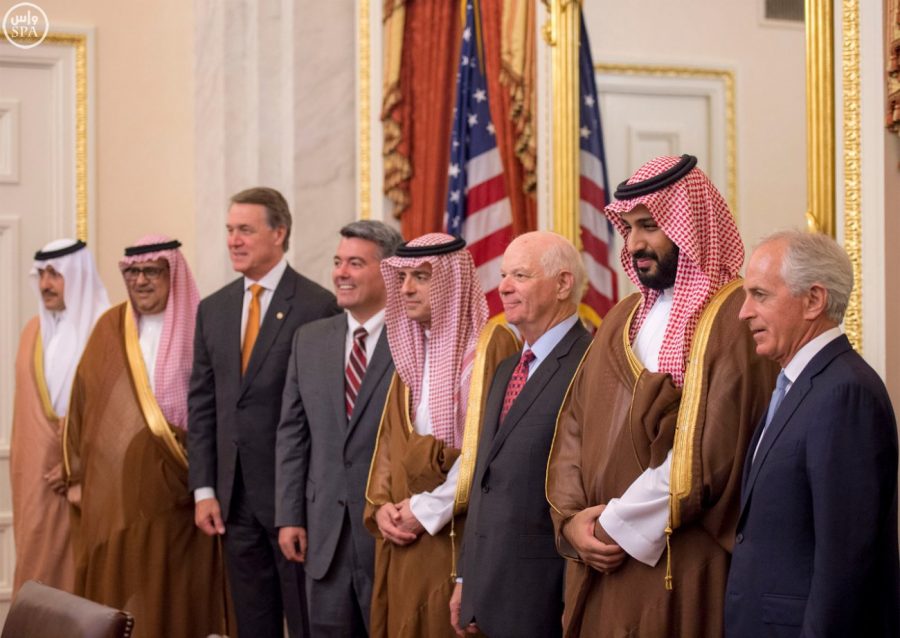 Deputy Crown Prince Mohammed bin Salman posed for photos with the Senate Foreign Relations Committee.