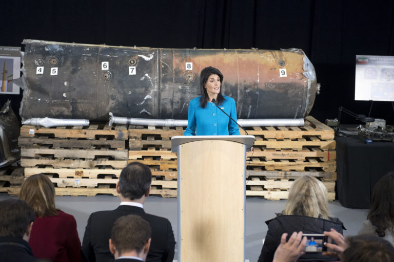 U.S. Ambassador to the United Nations Nikki Haley speaks about evidence of Iran’s destabilizing activities in the Middle East and Iran’s effort to cover up continued violations of UN resolutions at a press conference at Joint Base Anacostia-Boling Dec. 14, 2017. DoD photo by EJ Hersom