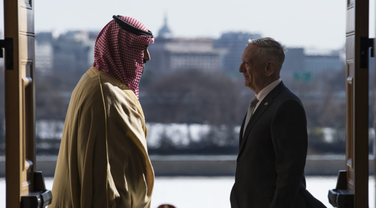 Defense Secretary James N. Mattis meets with Saudi Arabia’s First Deputy Prime Minister and Minister of Defense, Crown Prince Mohammed bin Salman bin Abdulaziz at the Pentagon in Washington D.C., Mar. 22, 2018. (DoD photo by Navy Mass Communication Specialist 1st Class Kathryn E. Holm)