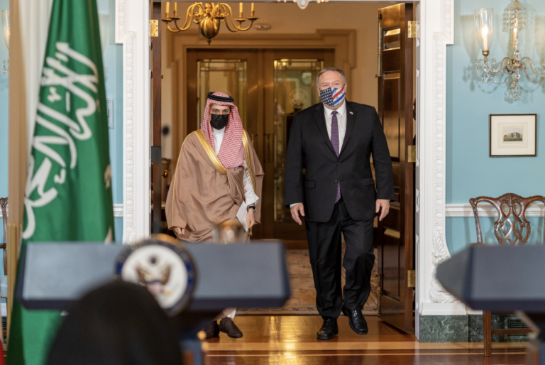 Prince Faisal bin Farhan yesterday with Secretary of State Mike Pompeo.