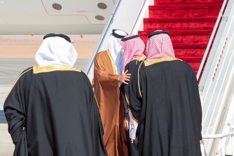 Saudi Arabia's Crown Prince Mohammed bin Salman welcomes Qatar's Emir Sheikh Tamim bin Hamad al-Thani upon his arrival to attend the Gulf Cooperation Council's (GCC) 41st Summit in Al-Ula, Saudi Arabia.