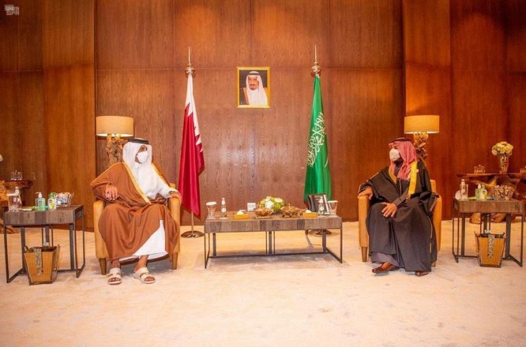 Saudi Crown Prince Mohammed bin Salman held a meeting with Qatar’s Emir Sheikh Tamim bin Hamad Al-Thani at the Maraya Hall in the historic city of Al-Ula on Tuesday.