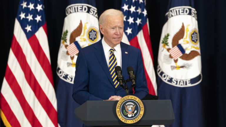 President Joseph R. Biden, Jr., with Vice President Kamala K. Harris and Secretary of State Antony J. Blinken, delivers remarks to State Department employees, at the U.S. Department of State in Washington, D.C., on February 4, 2021. [State Department Photo by Freddie Everett]