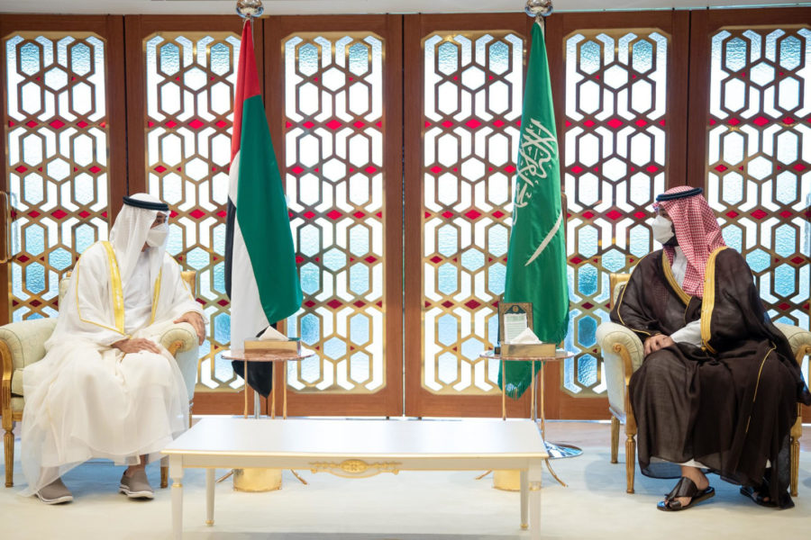 RIYADH, SAUDI ARABIA -July 19, 2021: HH Sheikh Mohamed bin Zayed Al Nahyan Crown Prince of Abu Dhabi Deputy Supreme Commander of the UAE Armed Forces (L), meets with HRH Prince Mohamed bin Salman bin Abdulaziz, Crown Prince, Deputy Prime Minister and Minister of Defence of Saudi Arabia (R), at King Khalid International Airport.

( Rashed Al Mansoori / Ministry of Presidential Affairs )
---
