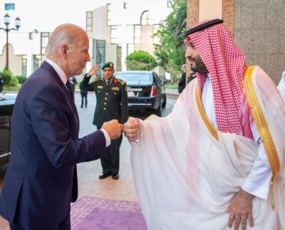 Crown Prince Mohammed bin Salman greets President Biden in Jeddah.